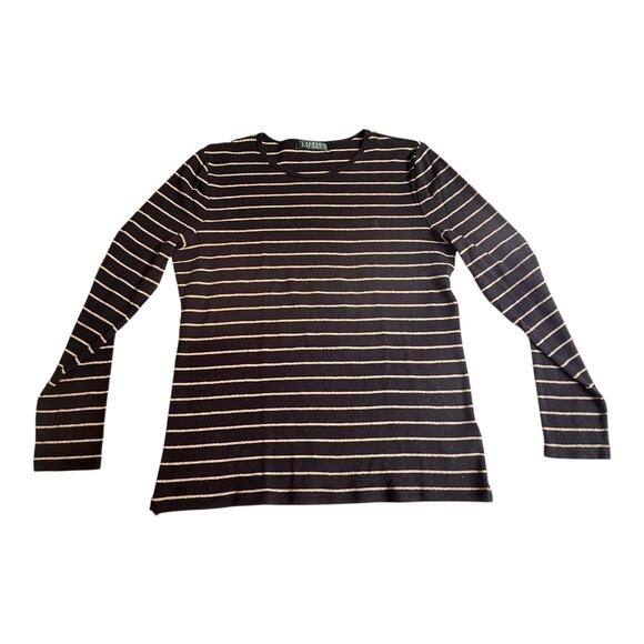 VTG Lauren Ralph Lauren TOP Women's MED Black & Gold Glitter Striped Long Sleeve - Picture 1 of 7